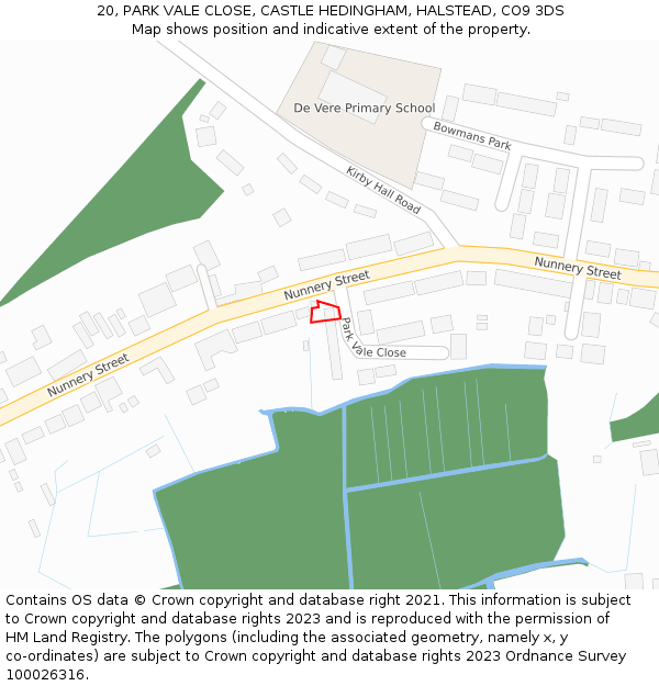 20, PARK VALE CLOSE, CASTLE HEDINGHAM, HALSTEAD, CO9 3DS: Location map and indicative extent of plot