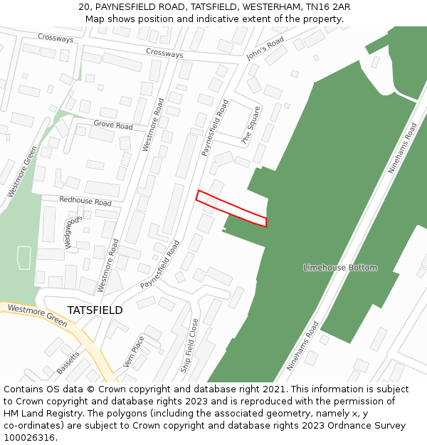 20, PAYNESFIELD ROAD, TATSFIELD, WESTERHAM, TN16 2AR: Location map and indicative extent of plot