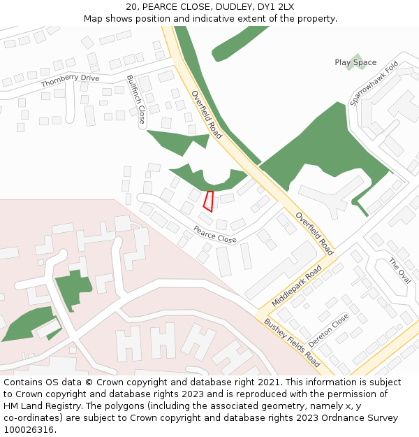 20, PEARCE CLOSE, DUDLEY, DY1 2LX: Location map and indicative extent of plot