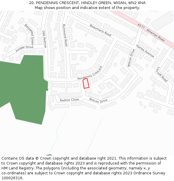 20, PENDENNIS CRESCENT, HINDLEY GREEN, WIGAN, WN2 4NA: Location map and indicative extent of plot
