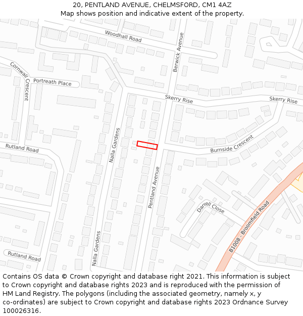 20, PENTLAND AVENUE, CHELMSFORD, CM1 4AZ: Location map and indicative extent of plot