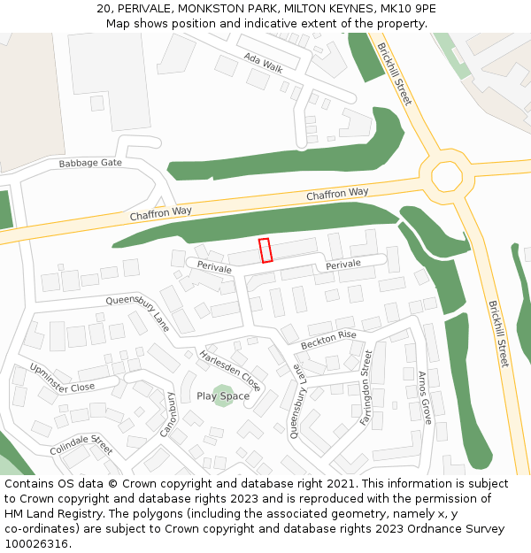 20, PERIVALE, MONKSTON PARK, MILTON KEYNES, MK10 9PE: Location map and indicative extent of plot