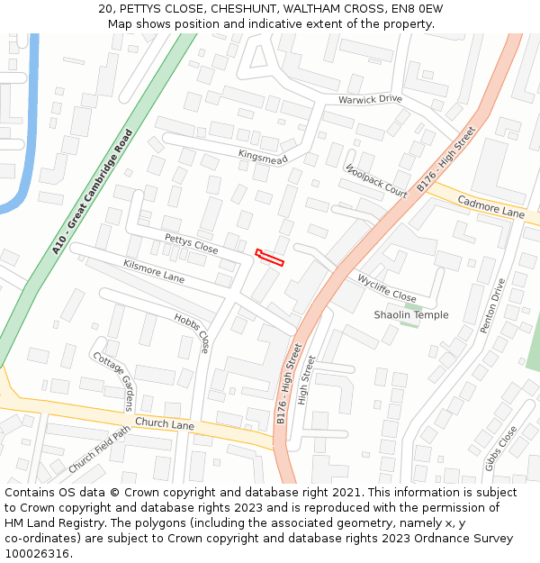 20, PETTYS CLOSE, CHESHUNT, WALTHAM CROSS, EN8 0EW: Location map and indicative extent of plot