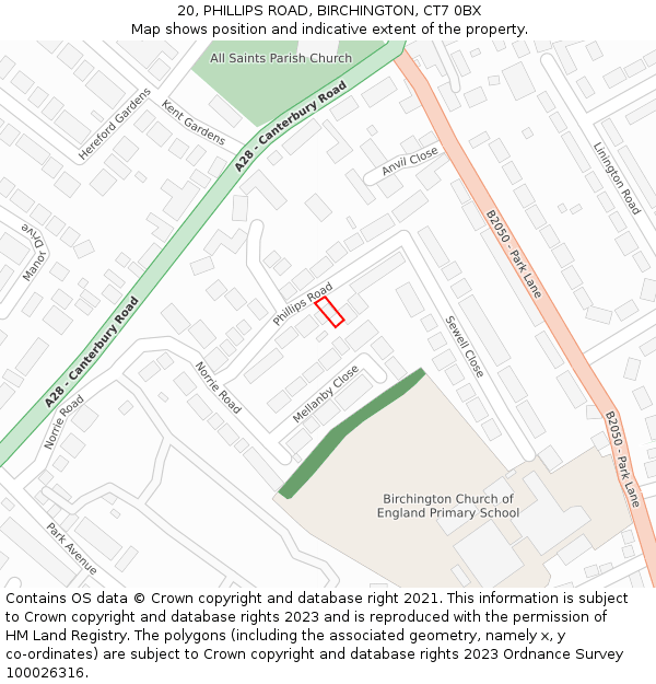 20, PHILLIPS ROAD, BIRCHINGTON, CT7 0BX: Location map and indicative extent of plot