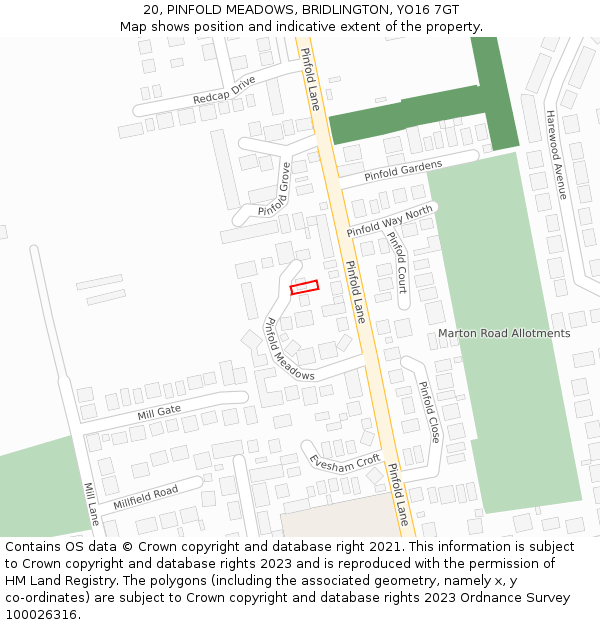 20, PINFOLD MEADOWS, BRIDLINGTON, YO16 7GT: Location map and indicative extent of plot