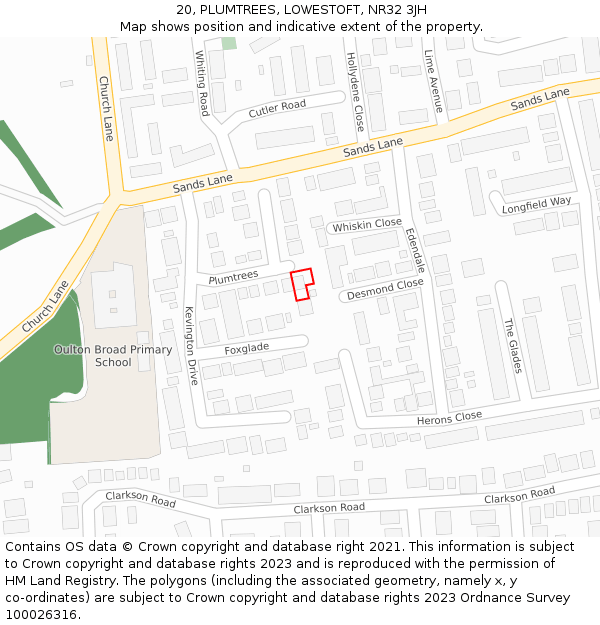 20, PLUMTREES, LOWESTOFT, NR32 3JH: Location map and indicative extent of plot