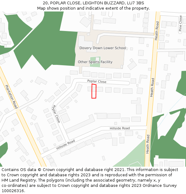 20, POPLAR CLOSE, LEIGHTON BUZZARD, LU7 3BS: Location map and indicative extent of plot