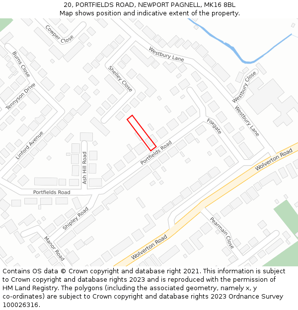 20, PORTFIELDS ROAD, NEWPORT PAGNELL, MK16 8BL: Location map and indicative extent of plot