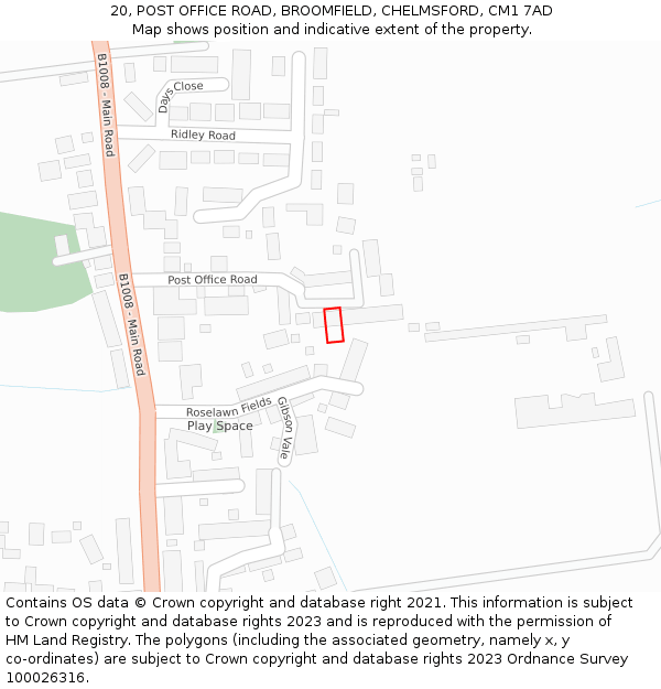 20, POST OFFICE ROAD, BROOMFIELD, CHELMSFORD, CM1 7AD: Location map and indicative extent of plot