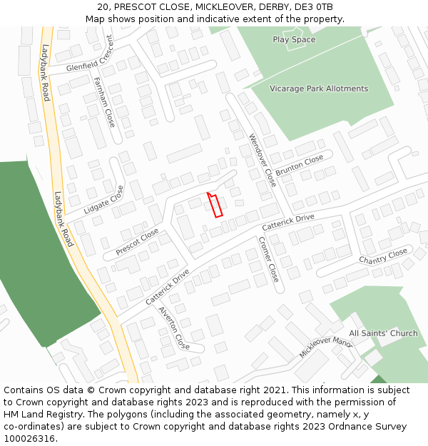 20, PRESCOT CLOSE, MICKLEOVER, DERBY, DE3 0TB: Location map and indicative extent of plot