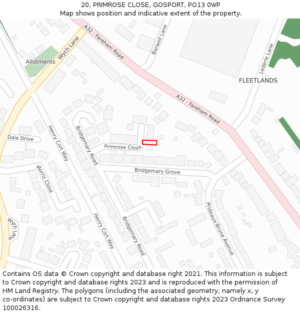 20, PRIMROSE CLOSE, GOSPORT, PO13 0WP: Location map and indicative extent of plot