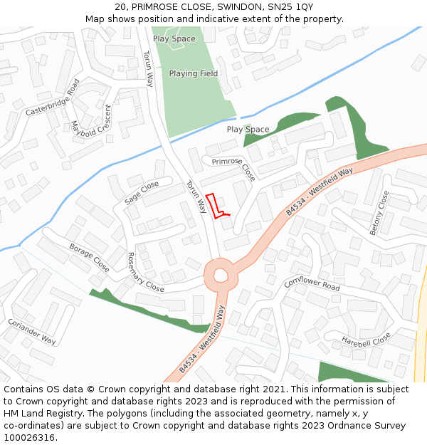 20, PRIMROSE CLOSE, SWINDON, SN25 1QY: Location map and indicative extent of plot