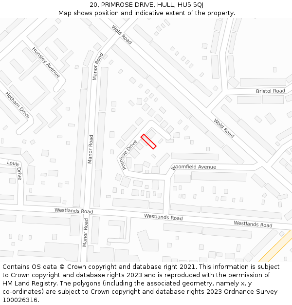 20, PRIMROSE DRIVE, HULL, HU5 5QJ: Location map and indicative extent of plot