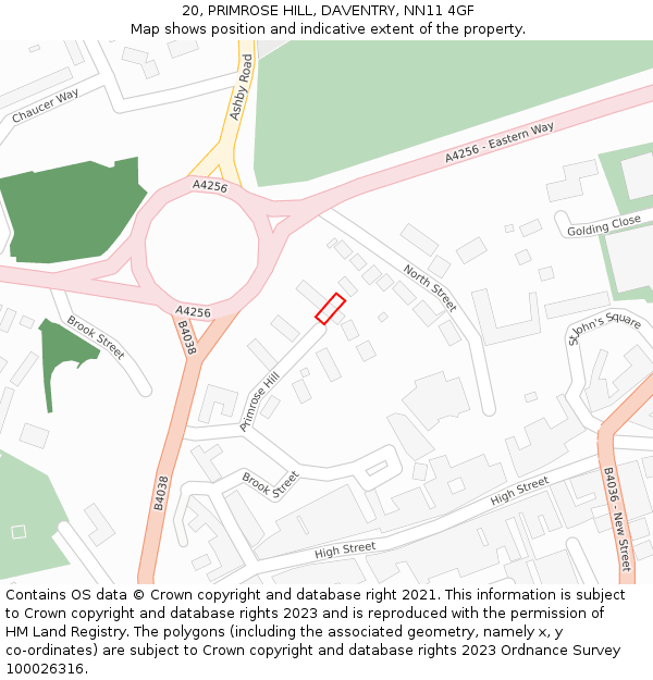 20, PRIMROSE HILL, DAVENTRY, NN11 4GF: Location map and indicative extent of plot