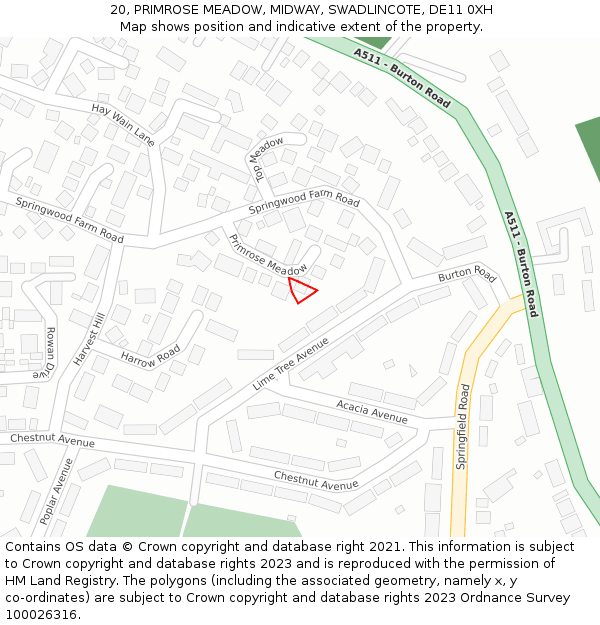 20, PRIMROSE MEADOW, MIDWAY, SWADLINCOTE, DE11 0XH: Location map and indicative extent of plot