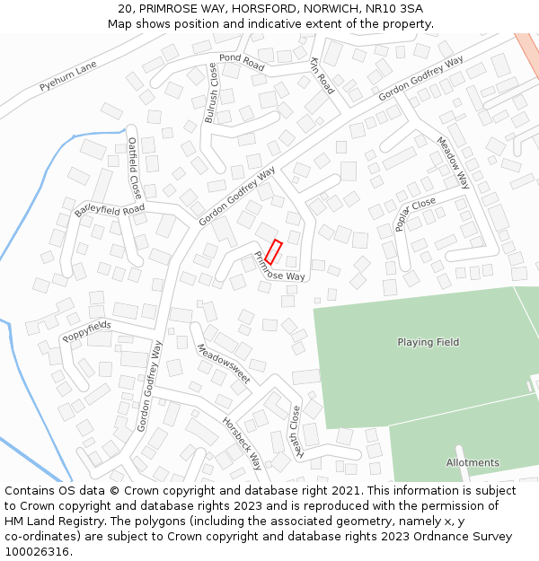 20, PRIMROSE WAY, HORSFORD, NORWICH, NR10 3SA: Location map and indicative extent of plot