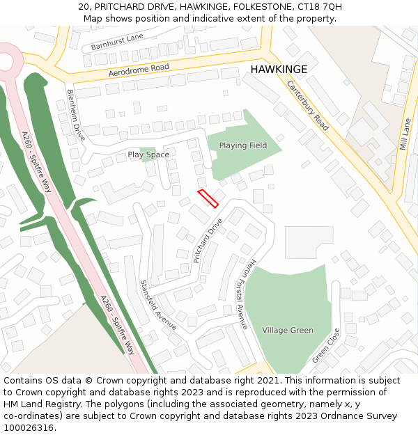 20, PRITCHARD DRIVE, HAWKINGE, FOLKESTONE, CT18 7QH: Location map and indicative extent of plot