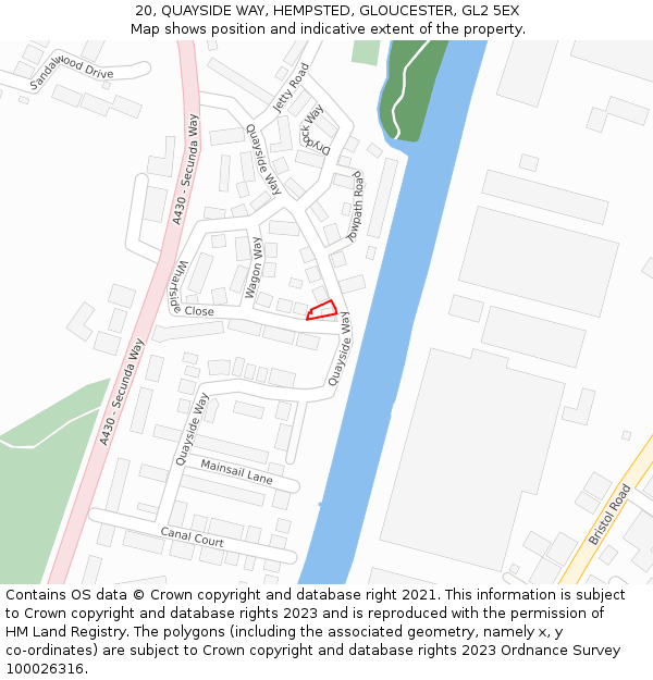 20, QUAYSIDE WAY, HEMPSTED, GLOUCESTER, GL2 5EX: Location map and indicative extent of plot
