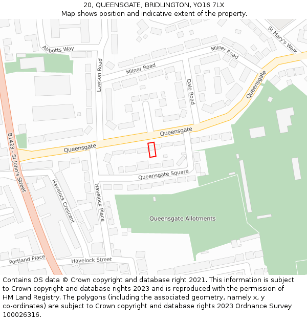 20, QUEENSGATE, BRIDLINGTON, YO16 7LX: Location map and indicative extent of plot