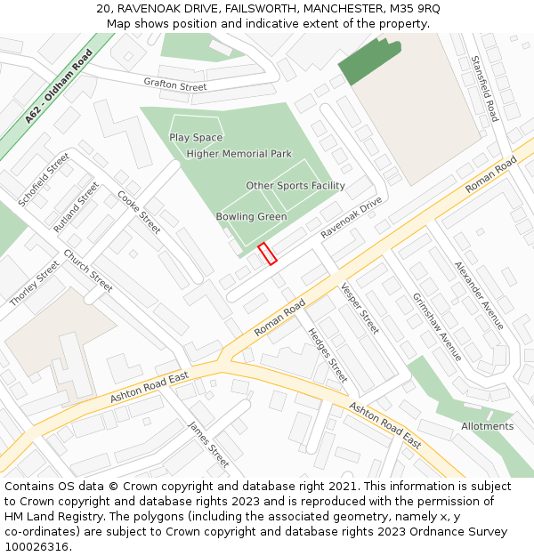 20, RAVENOAK DRIVE, FAILSWORTH, MANCHESTER, M35 9RQ: Location map and indicative extent of plot