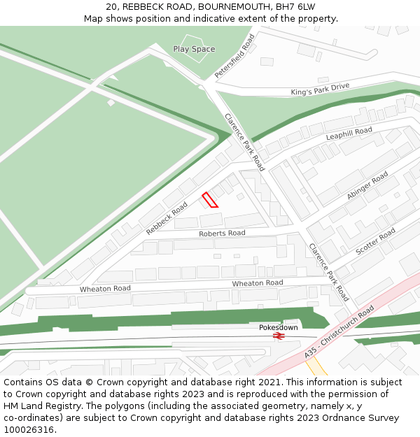 20, REBBECK ROAD, BOURNEMOUTH, BH7 6LW: Location map and indicative extent of plot