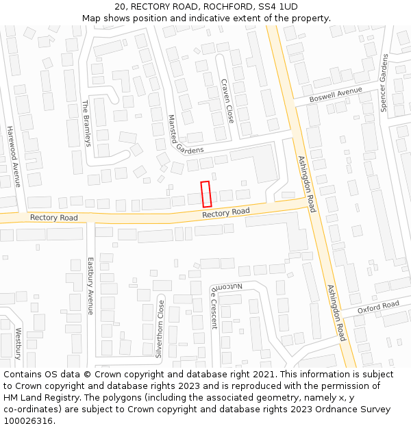 20, RECTORY ROAD, ROCHFORD, SS4 1UD: Location map and indicative extent of plot