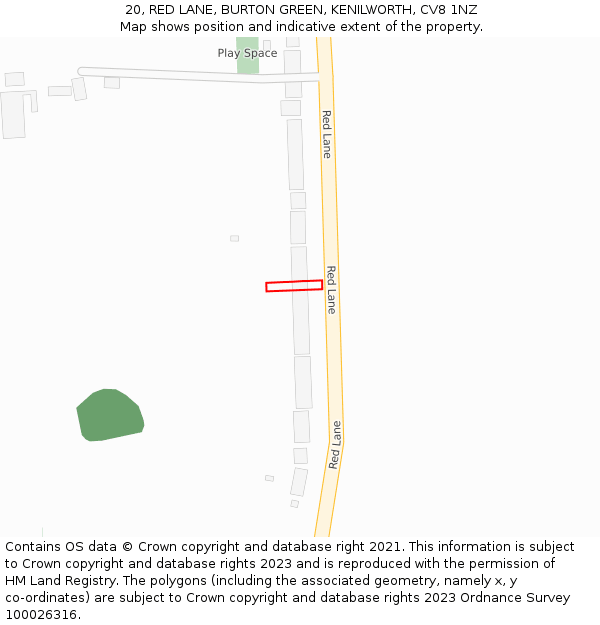 20, RED LANE, BURTON GREEN, KENILWORTH, CV8 1NZ: Location map and indicative extent of plot