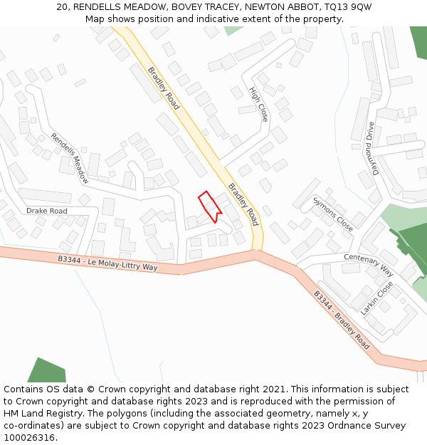 20, RENDELLS MEADOW, BOVEY TRACEY, NEWTON ABBOT, TQ13 9QW: Location map and indicative extent of plot