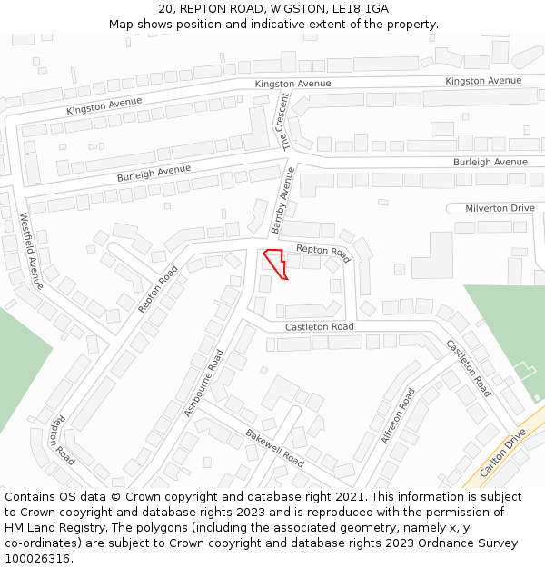 20, REPTON ROAD, WIGSTON, LE18 1GA: Location map and indicative extent of plot
