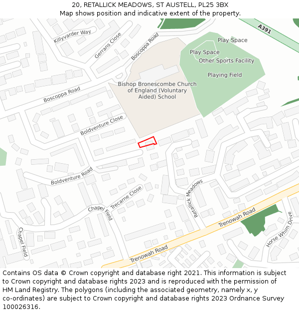 20, RETALLICK MEADOWS, ST AUSTELL, PL25 3BX: Location map and indicative extent of plot