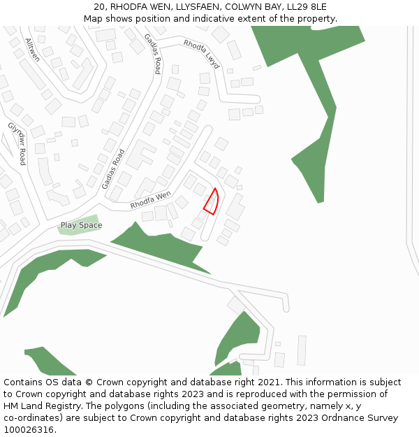 20, RHODFA WEN, LLYSFAEN, COLWYN BAY, LL29 8LE: Location map and indicative extent of plot
