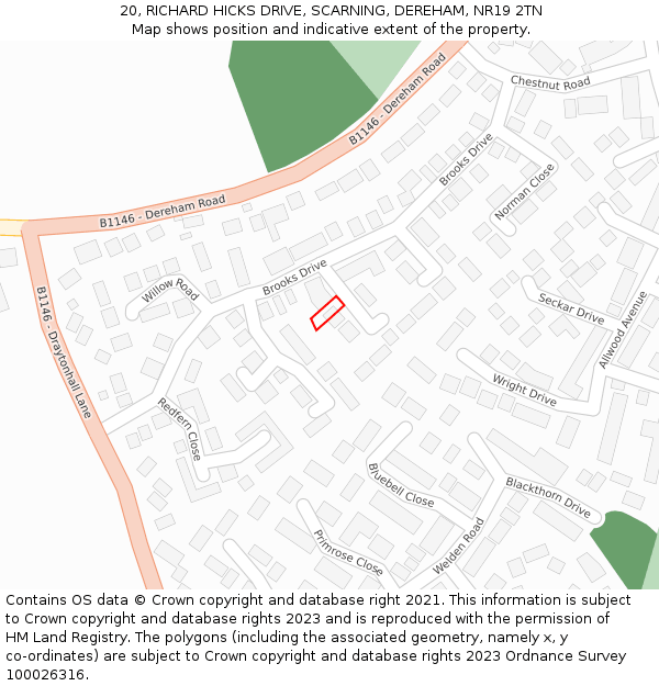 20, RICHARD HICKS DRIVE, SCARNING, DEREHAM, NR19 2TN: Location map and indicative extent of plot