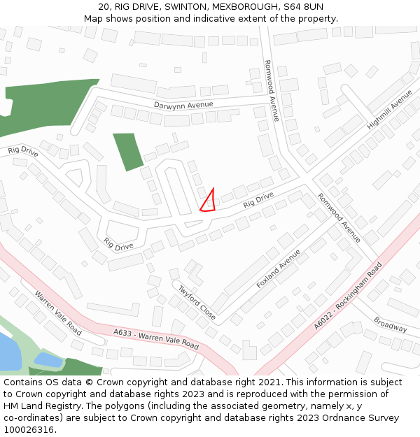 20, RIG DRIVE, SWINTON, MEXBOROUGH, S64 8UN: Location map and indicative extent of plot