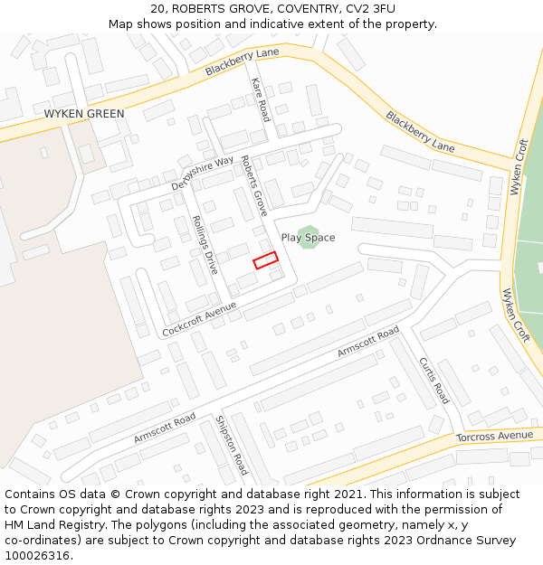20, ROBERTS GROVE, COVENTRY, CV2 3FU: Location map and indicative extent of plot