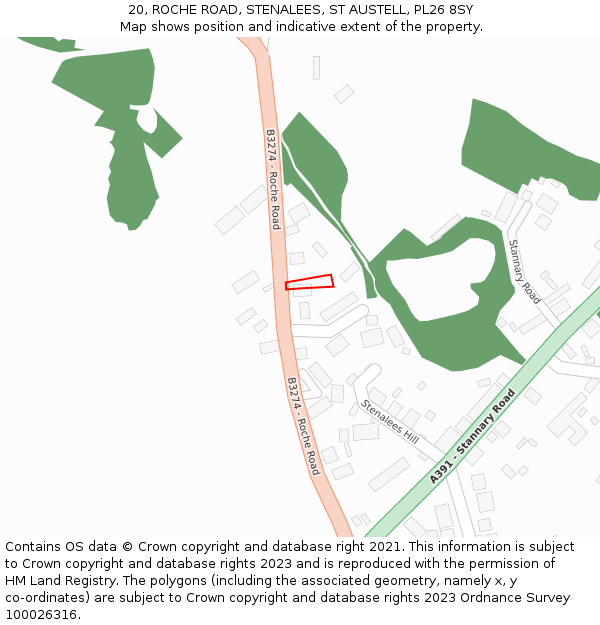 20, ROCHE ROAD, STENALEES, ST AUSTELL, PL26 8SY: Location map and indicative extent of plot