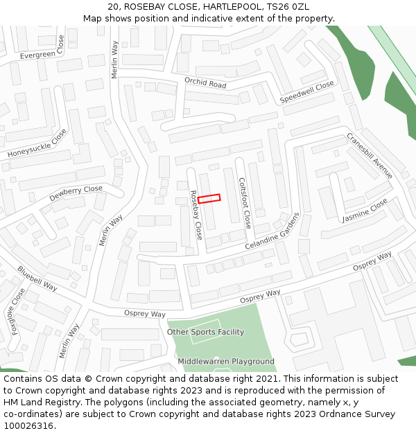 20, ROSEBAY CLOSE, HARTLEPOOL, TS26 0ZL: Location map and indicative extent of plot