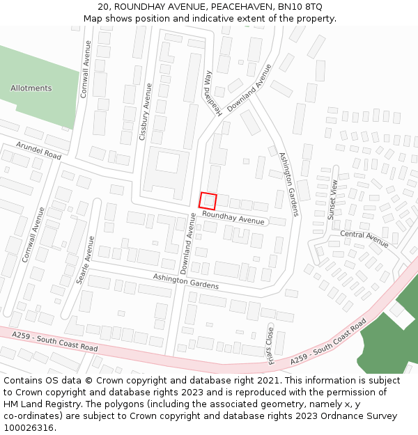 20, ROUNDHAY AVENUE, PEACEHAVEN, BN10 8TQ: Location map and indicative extent of plot