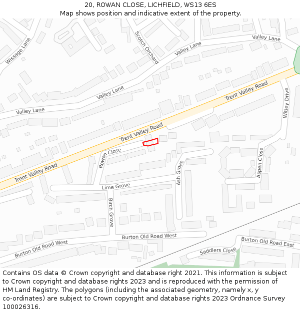 20, ROWAN CLOSE, LICHFIELD, WS13 6ES: Location map and indicative extent of plot