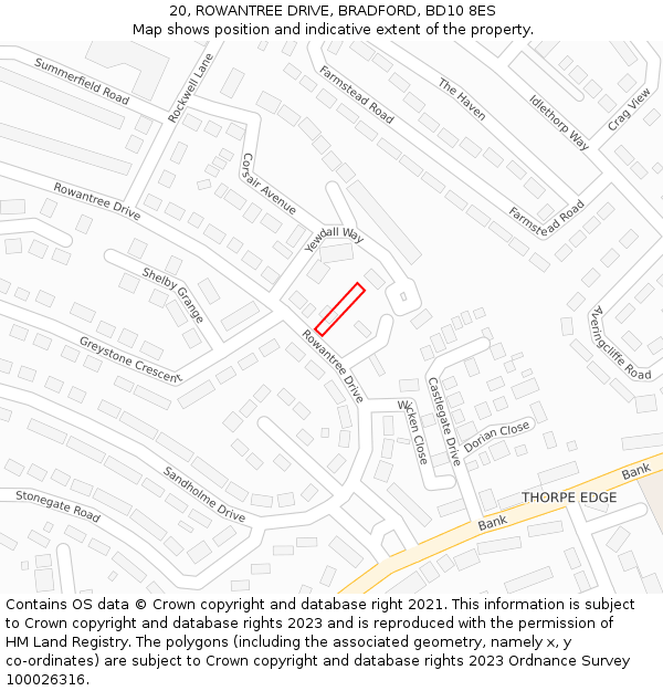 20, ROWANTREE DRIVE, BRADFORD, BD10 8ES: Location map and indicative extent of plot