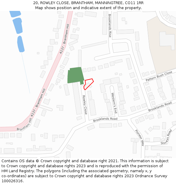 20, ROWLEY CLOSE, BRANTHAM, MANNINGTREE, CO11 1RR: Location map and indicative extent of plot