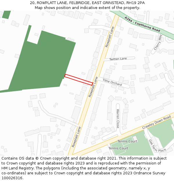 20, ROWPLATT LANE, FELBRIDGE, EAST GRINSTEAD, RH19 2PA: Location map and indicative extent of plot