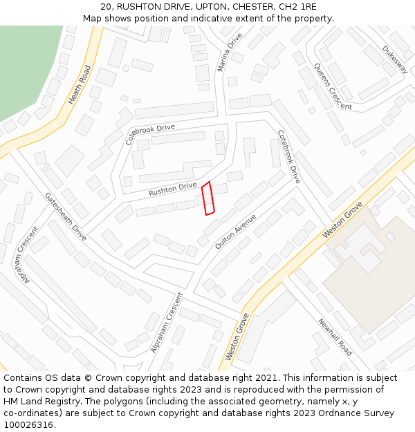 20, RUSHTON DRIVE, UPTON, CHESTER, CH2 1RE: Location map and indicative extent of plot