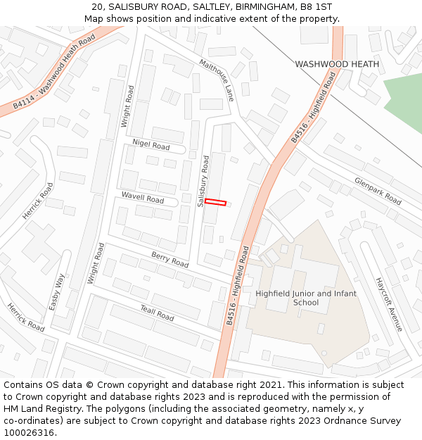 20, SALISBURY ROAD, SALTLEY, BIRMINGHAM, B8 1ST: Location map and indicative extent of plot