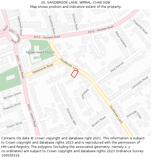 20, SANDBROOK LANE, WIRRAL, CH46 0QW: Location map and indicative extent of plot