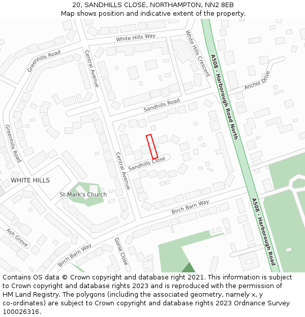 20, SANDHILLS CLOSE, NORTHAMPTON, NN2 8EB: Location map and indicative extent of plot