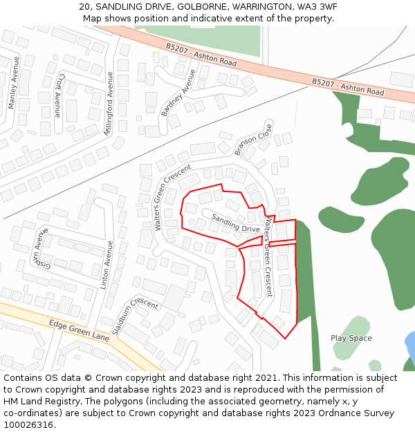 20, SANDLING DRIVE, GOLBORNE, WARRINGTON, WA3 3WF: Location map and indicative extent of plot