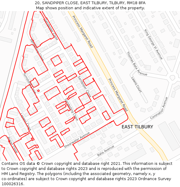 20, SANDPIPER CLOSE, EAST TILBURY, TILBURY, RM18 8FA: Location map and indicative extent of plot