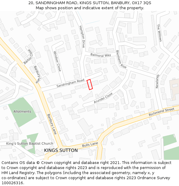 20, SANDRINGHAM ROAD, KINGS SUTTON, BANBURY, OX17 3QS: Location map and indicative extent of plot