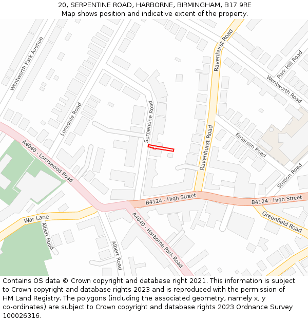 20, SERPENTINE ROAD, HARBORNE, BIRMINGHAM, B17 9RE: Location map and indicative extent of plot