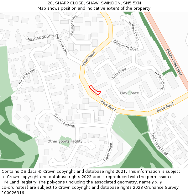 20, SHARP CLOSE, SHAW, SWINDON, SN5 5XN: Location map and indicative extent of plot